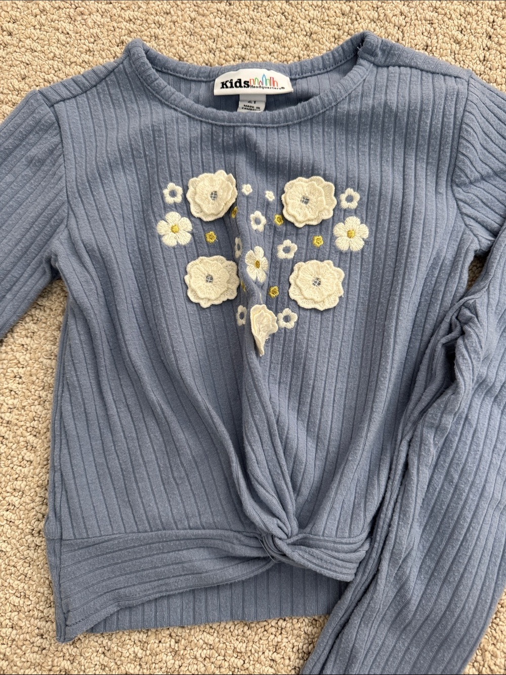 Kids Blue Ribbed Floral Knot-Front Top - Picture 2 of 2